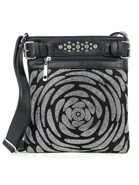 NWT Black Rhinestone Rose Crossbody Sling Bag Faux Leather Floral